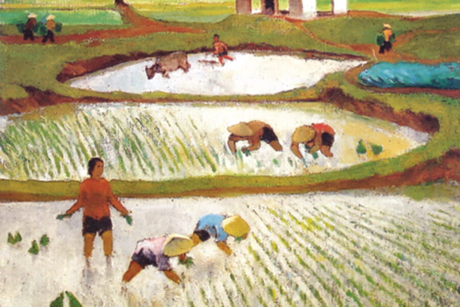 Tác phẩm Cấy ở miền núi (1993) của họa sĩ Trần Đình Thọ, sơn mài