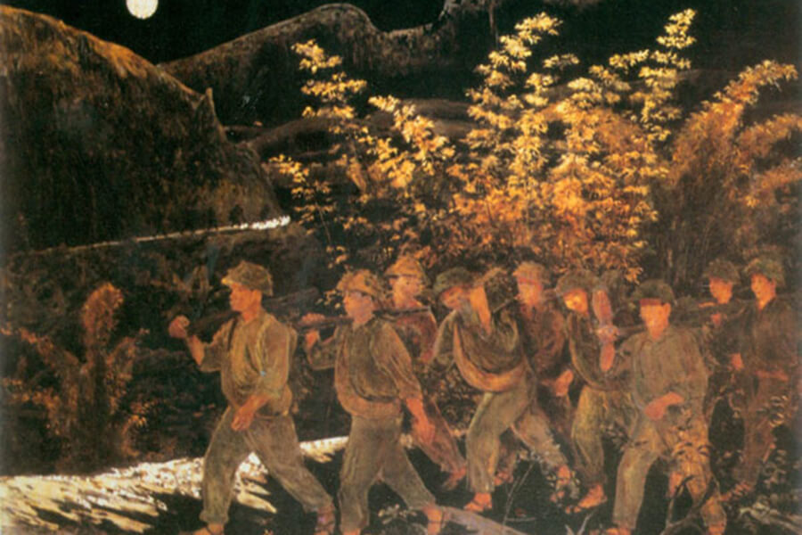 Tác phẩm Đêm hành quân (1974) của họa sĩ Trần Đình Thọ, sơn mài cách mạng